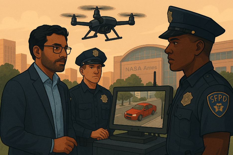 Illustration of a man and two police officers in discussion standing next to a computer display showing an aerial view of a red car. A drone is flying above them. A building with the sign NASA Ames can be seen in the background.