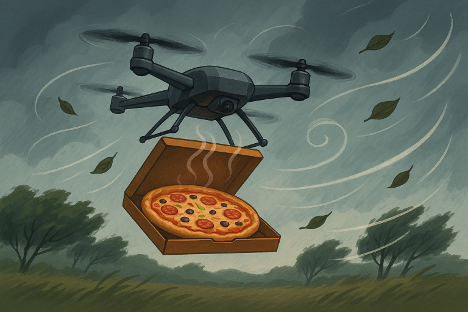 Illustration of a drone carrying a pizza in windy conditions.