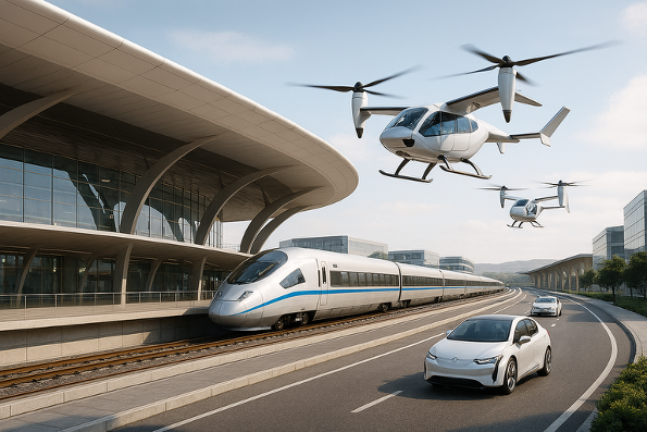 High-speed train, two flying air taxis, and electric cars travel through a sleek, futuristic transportation hub.